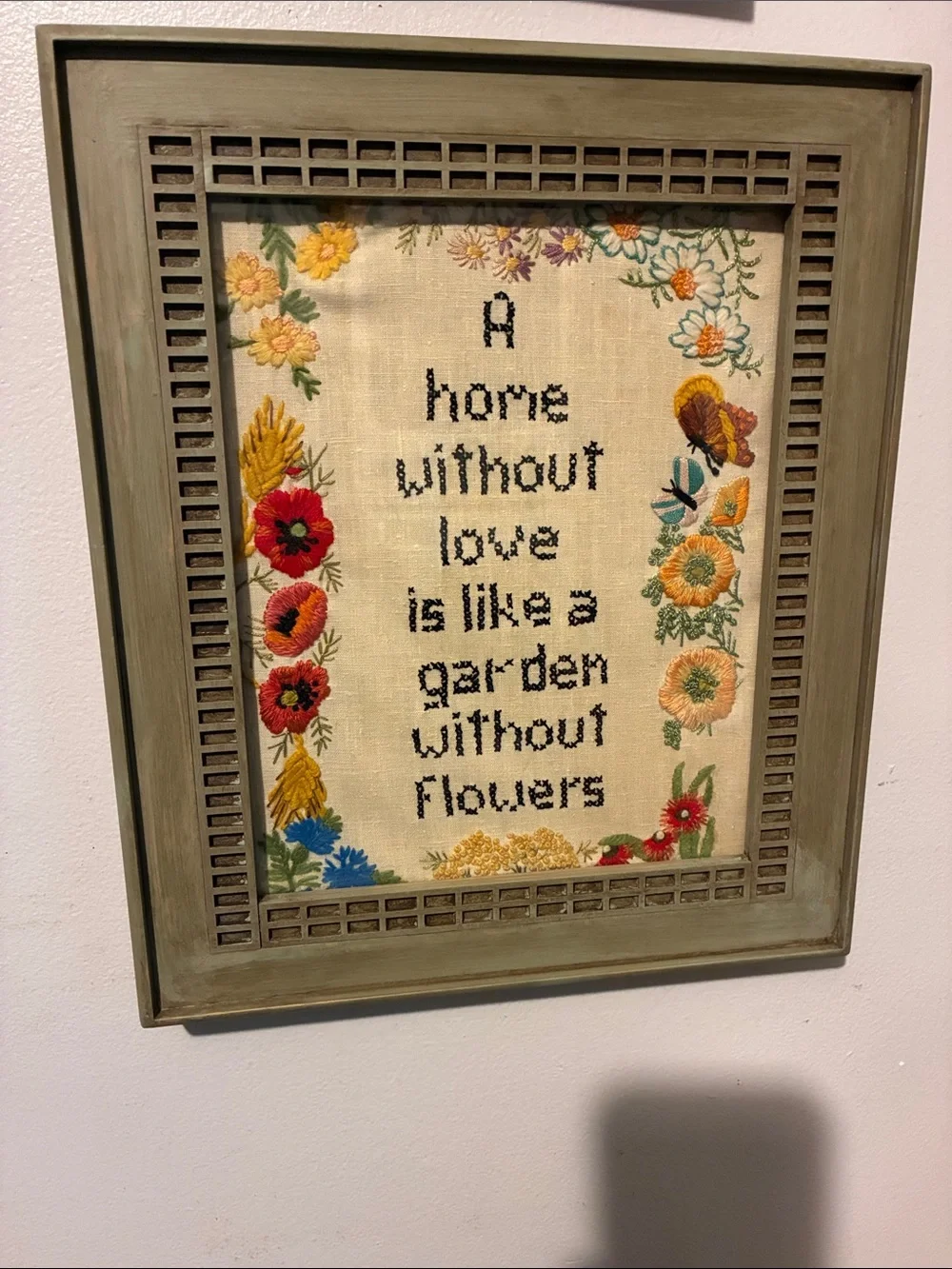 Framed Floral Cross-Stitch Wall Art
